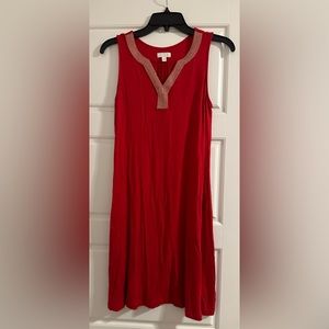Red Sleeveless Tshirt Dress with Gold Stitching